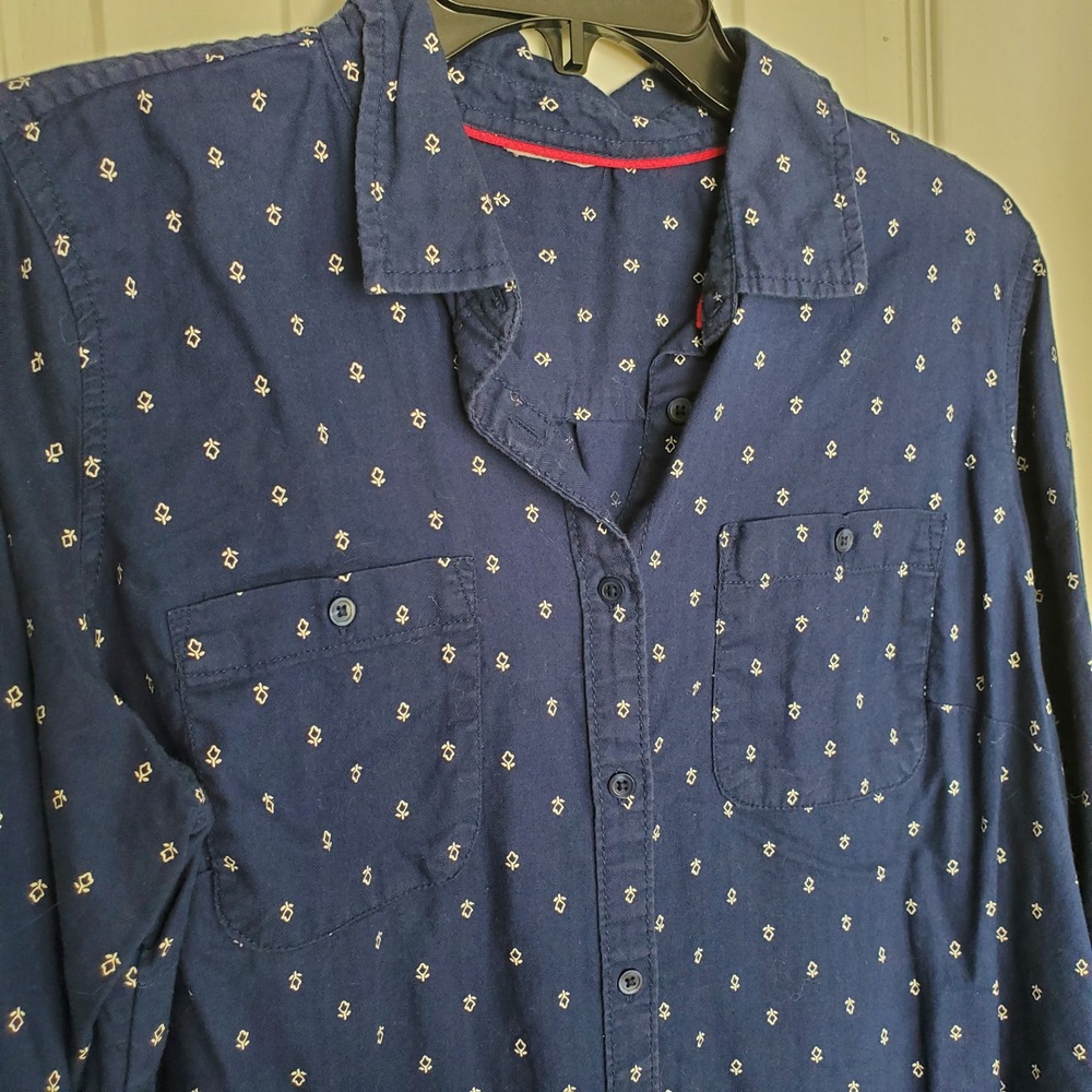 Navy Blue Herringbone Button Down Shirt Women Long Sleeve Geometric Floral Print
